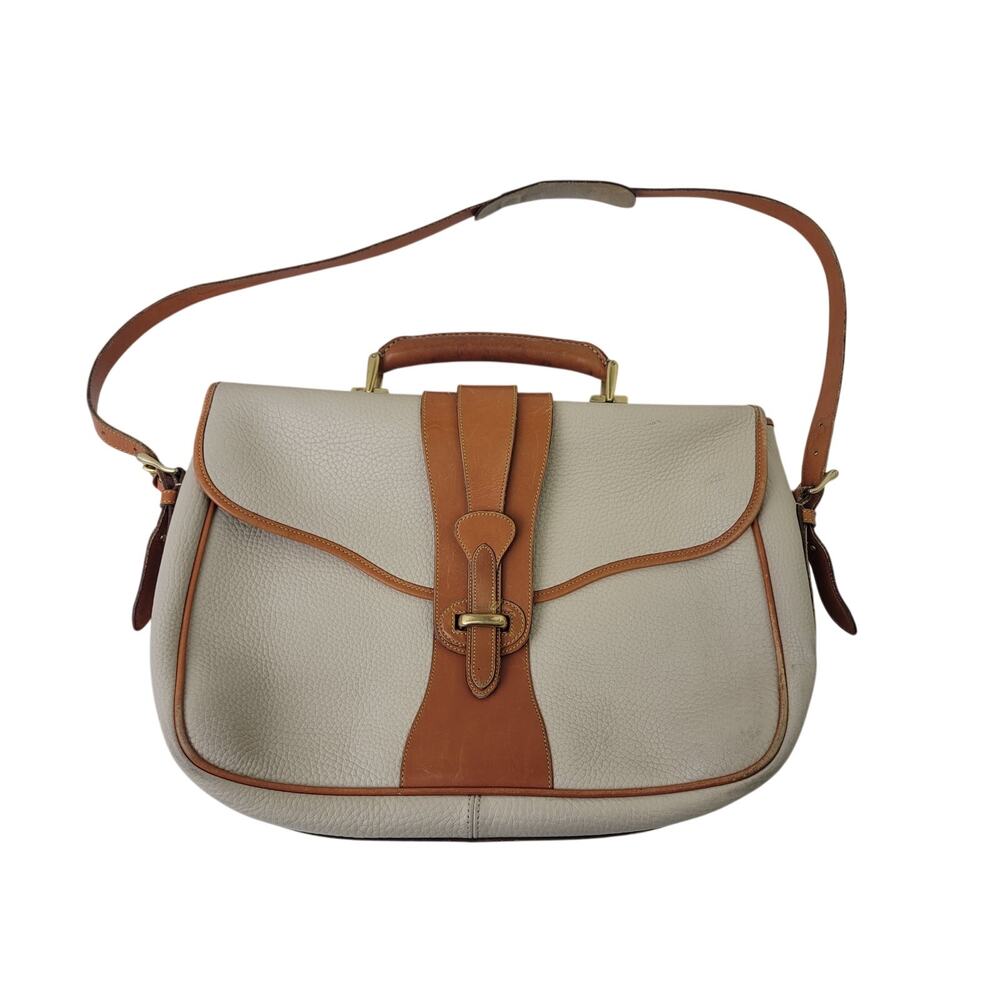 VTG Dooney & Bourke Large Equestrian Flap Bag Briefcase in Bone & British Tan